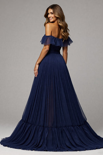 Off The Shoulder A Line Long Navy Prom Dress With Slit